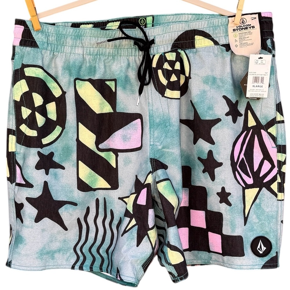 NWT Volcom Men's Swim Trunks Stoney's Teal Black Patterned Size XL Board Shorts